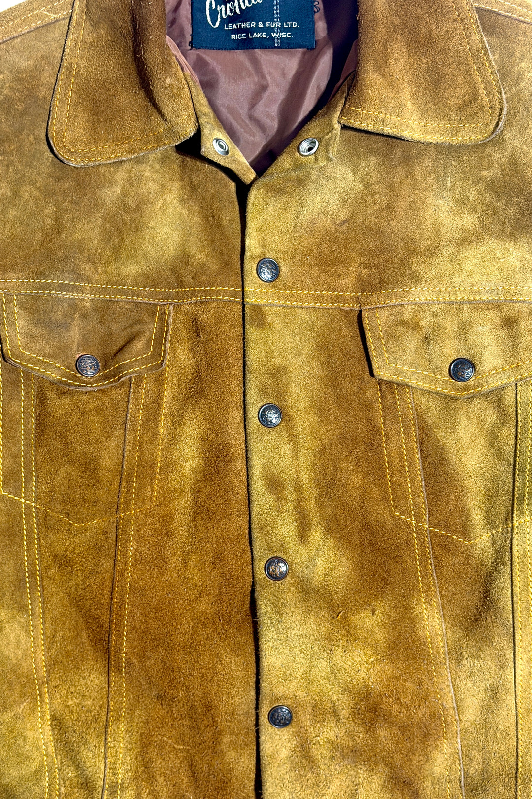1950’S CROFFEAU MADE IN USA FADED CROPPED COGNAC LEATHER SUEDE WESTERN TRUCKER JACKET LARGE