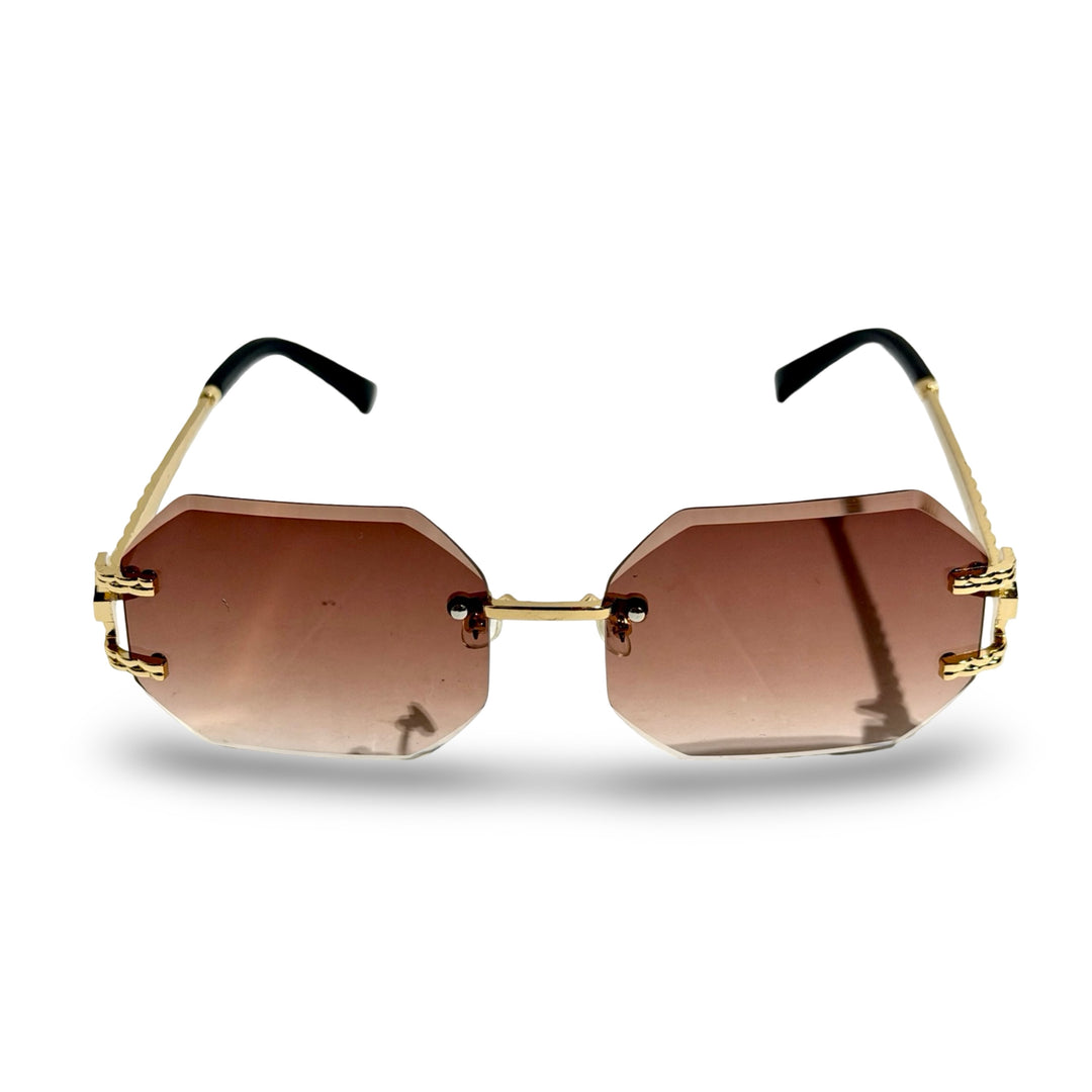 1970’S GOLD RIMLESS DIAMOND-CUT OCTAGON GRADIENT BROWN LENS SUNGLASSES