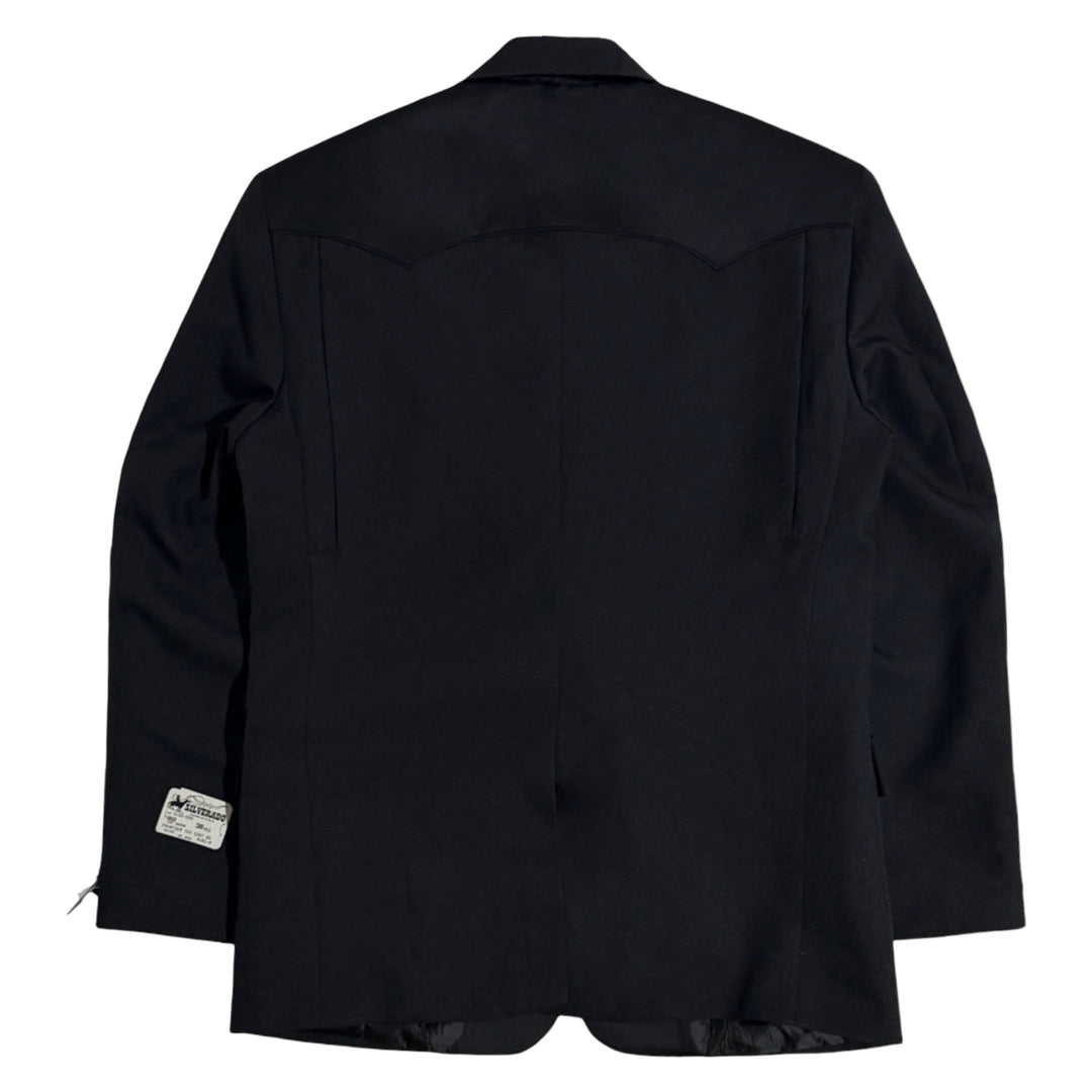 1990’S DEADSTOCK SILVERADO UNION MADE IN USA SATIN BLACK “FRONTIER TUXEDO” PANELED WESTERN SUIT JACKET 40R