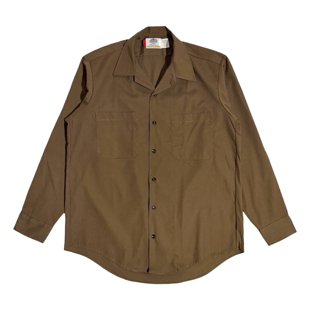1970’S DEADSTOCK RIVERSIDE MASTERBILT TWO POCKET BROWN SELVEDGE WORKWEAR L/S B.D. SHIRT LARGE