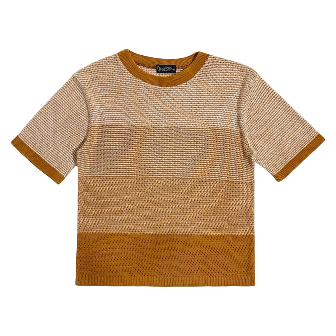 1960’S LEONARDO STRASSI MADE IN USA CROPPED STRIPED DESERT KNIT S/S SHIRT MEDIUM