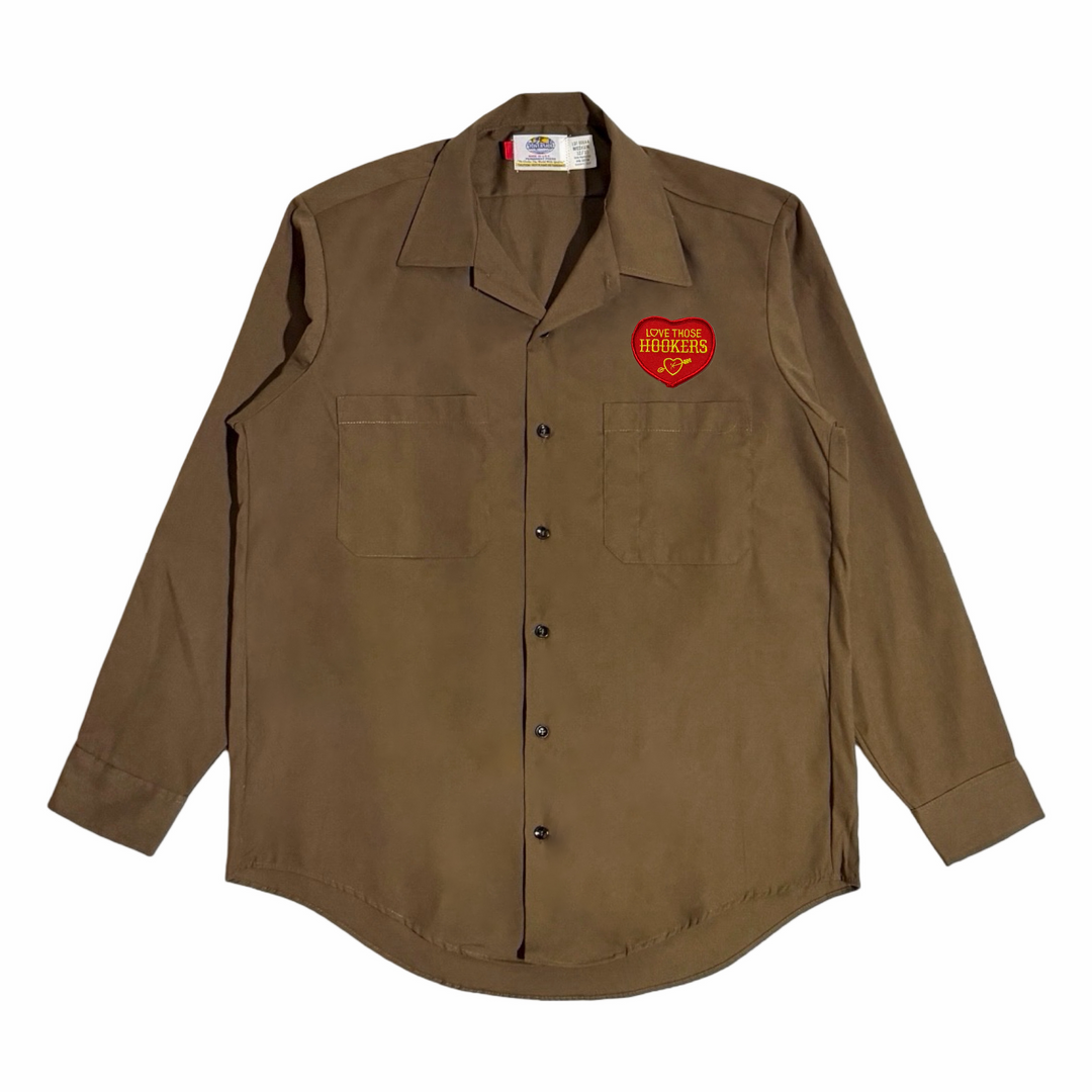 1970’S DEADSTOCK HOOKER HEADERS ♥️ RIVERSIDE MASTERBILT TWO POCKET BROWN SELVEDGE WORKWEAR L/S B.D. SHIRT LARGE