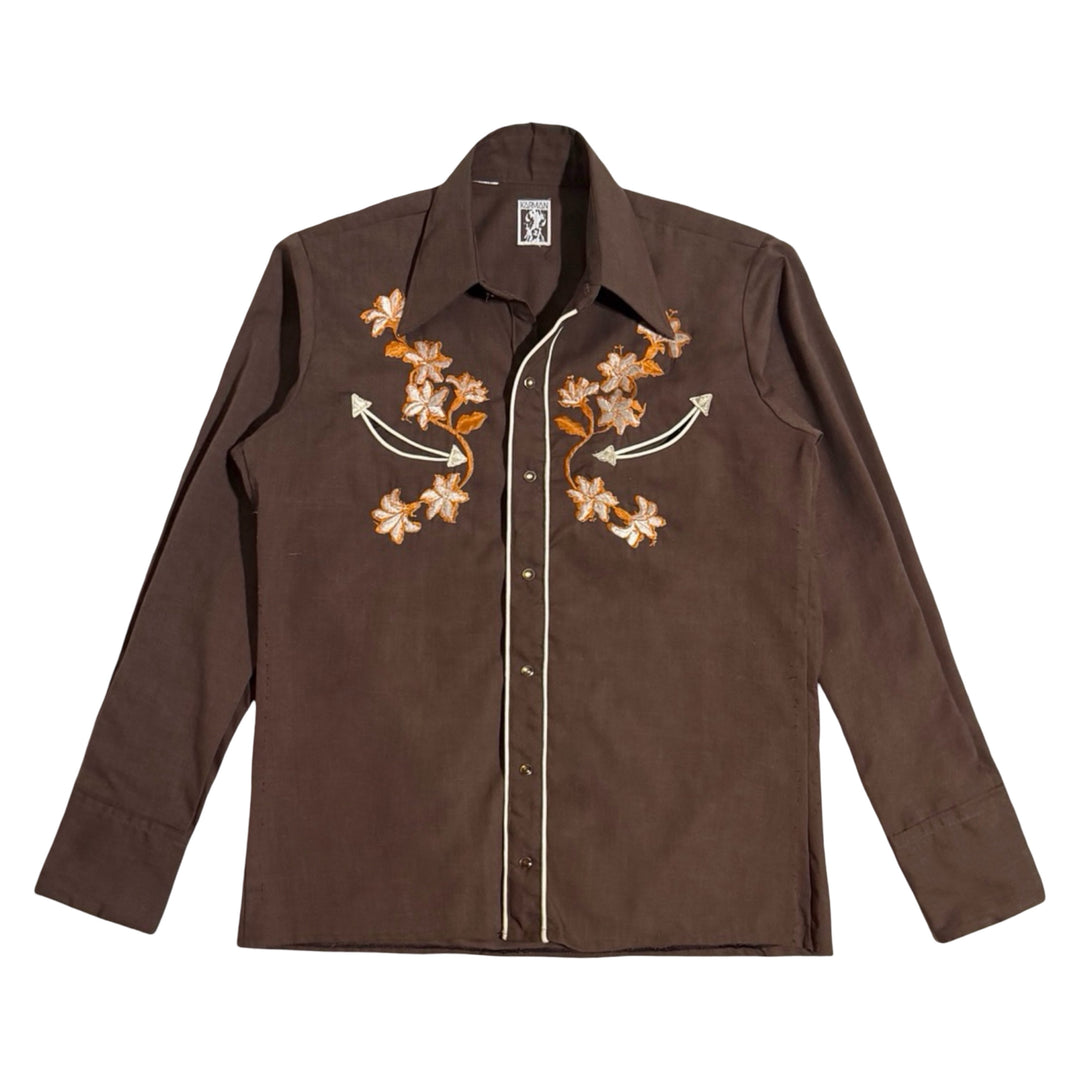 1970’S KARMAN MADE IN USA EMBROIDERED BROWN &amp; ORANGE FLORAL SMILE POCKET PEARL SNAP WESTERN L/S B.D. SHIRT LARGE