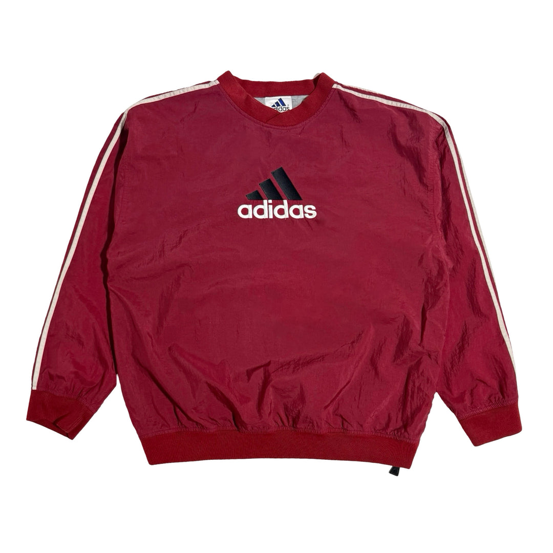 1990’S ADIDAS WHITE TAG TREFOIL EMBROIDERED SIDE ZIP CREWNECK WINDBREAKER DARK RED PULL OVER JACKET X-LARGE