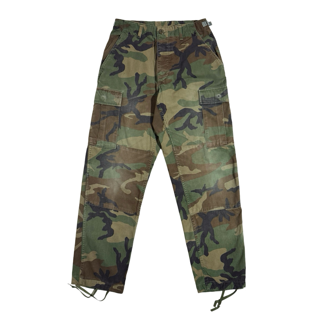 1990’S US ARMY MADE IN USA FADED WOODLAND CAMO COMBAT TROUSER CARGO PANTS 30 X 28