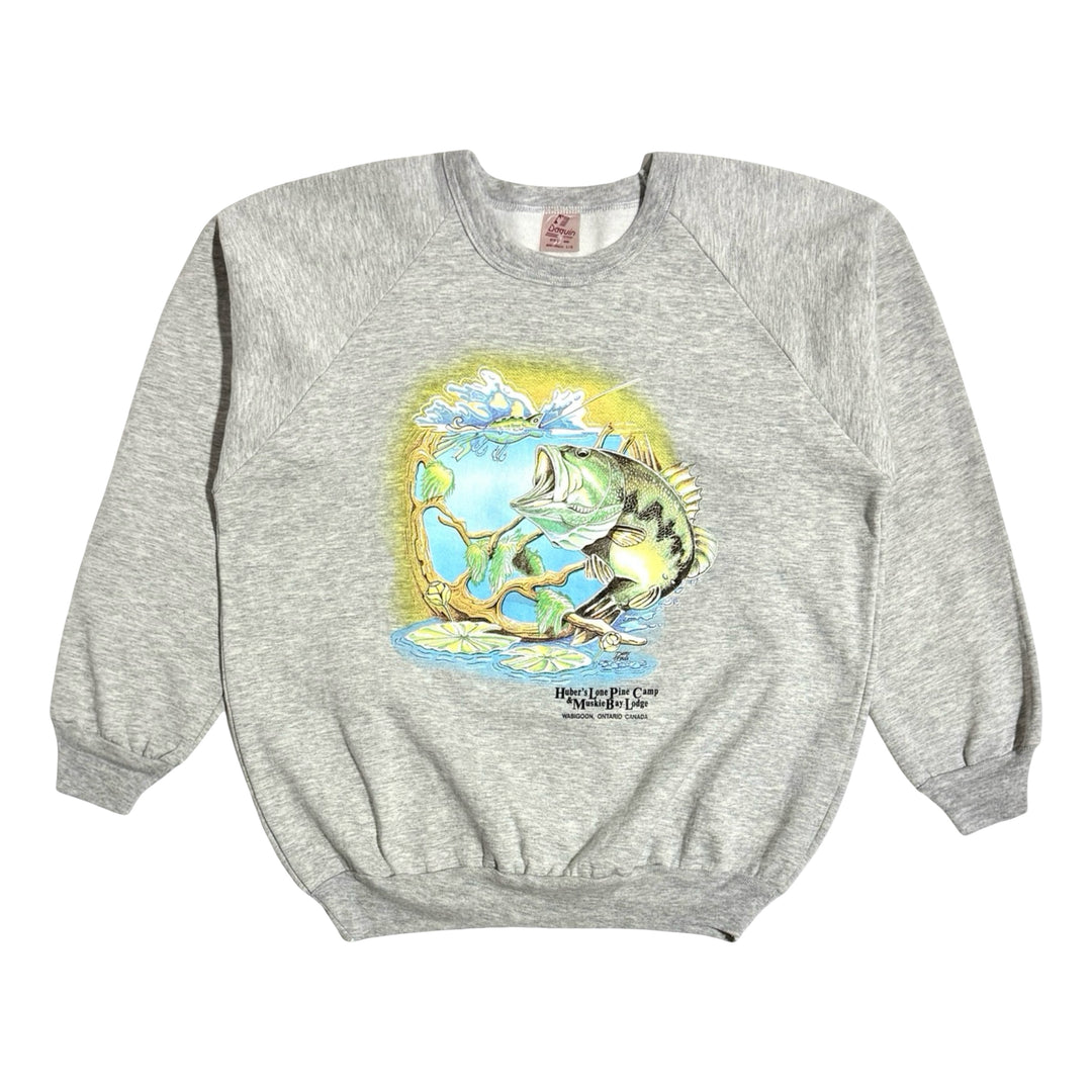 1980’S BIG MOUTH BASS FISHING MADE IN CANADA FLEECE RAGLAN SLEEVE CREWNECK SWEATER LARGE