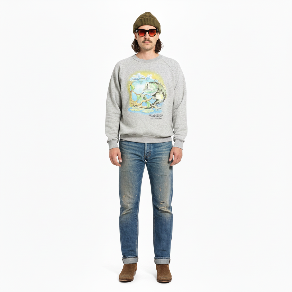 1980’S BIG MOUTH BASS FISHING MADE IN CANADA FLEECE RAGLAN SLEEVE CREWNECK SWEATER LARGE