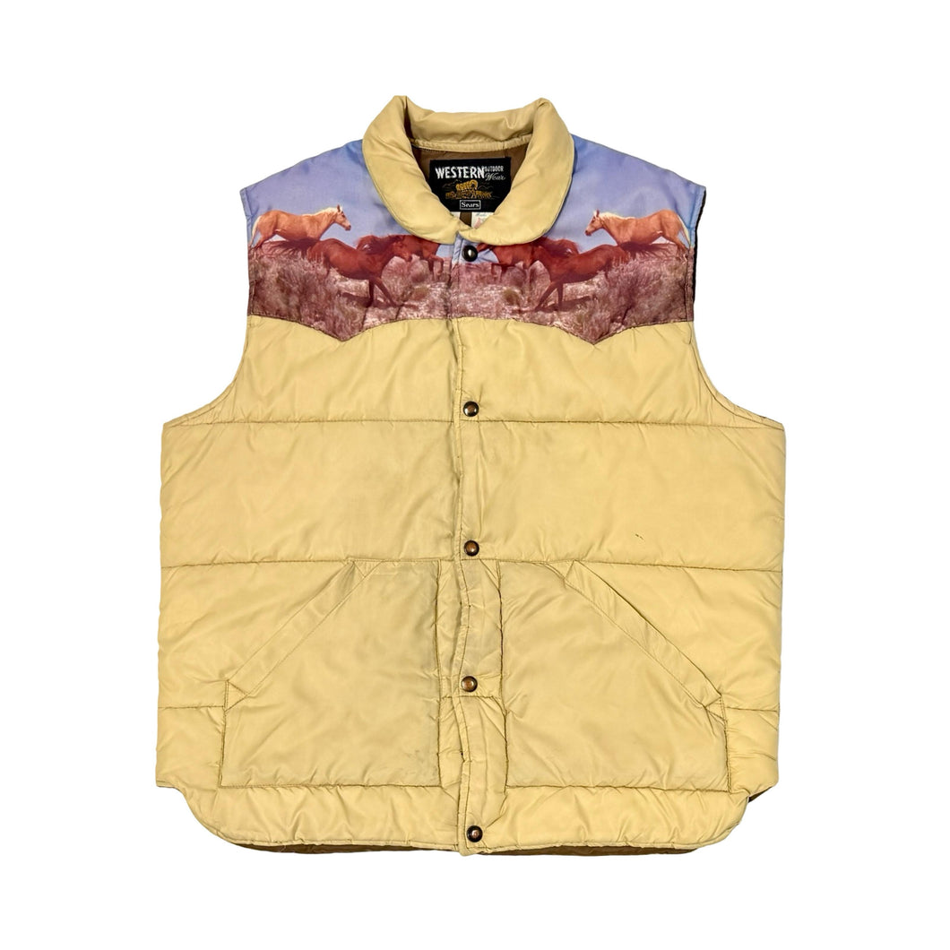 1970’S SEARS MADE IN USA CROPPED WESTERN HORSES SUBLIMATION PRINT PUFFER VEST X-LARGE