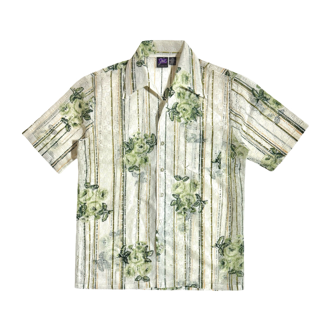 1970’S JOEL MADE IN USA CROPPED FLORAL PRINT MESH KNIT CAMP COLLAR S/S B.D. SHIRT MEDIUM