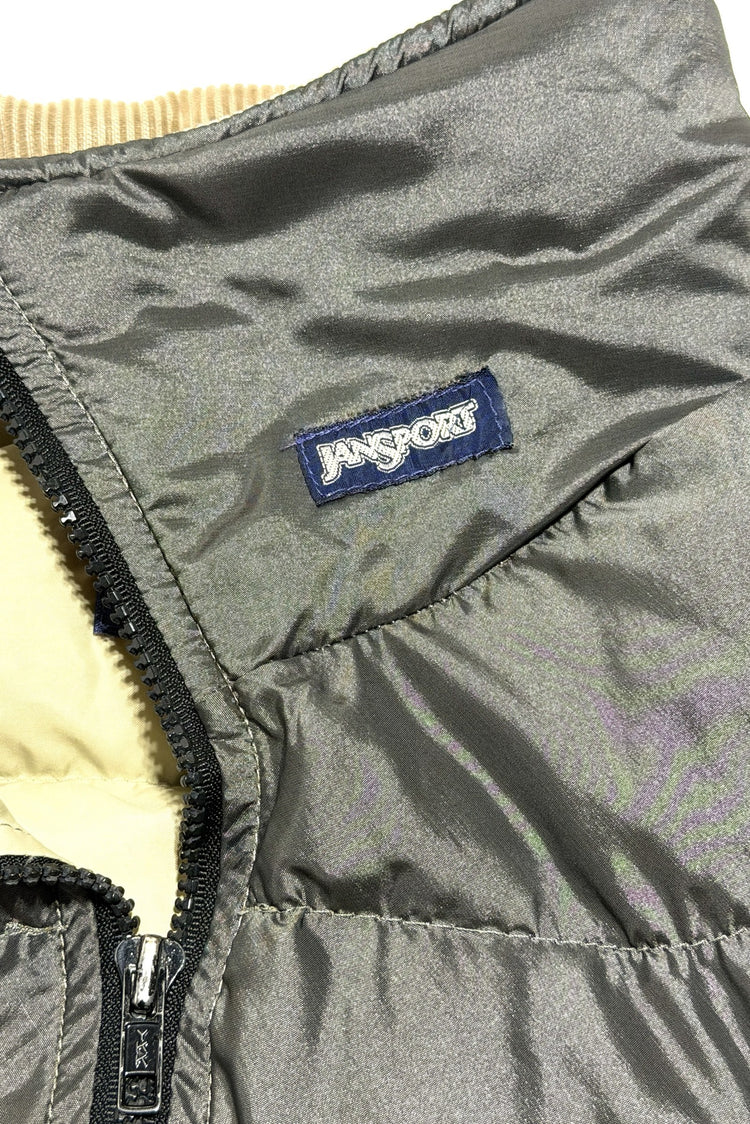 1980's JanSport made in USA olive gray nylon goose down corduroy collar cropped vest large