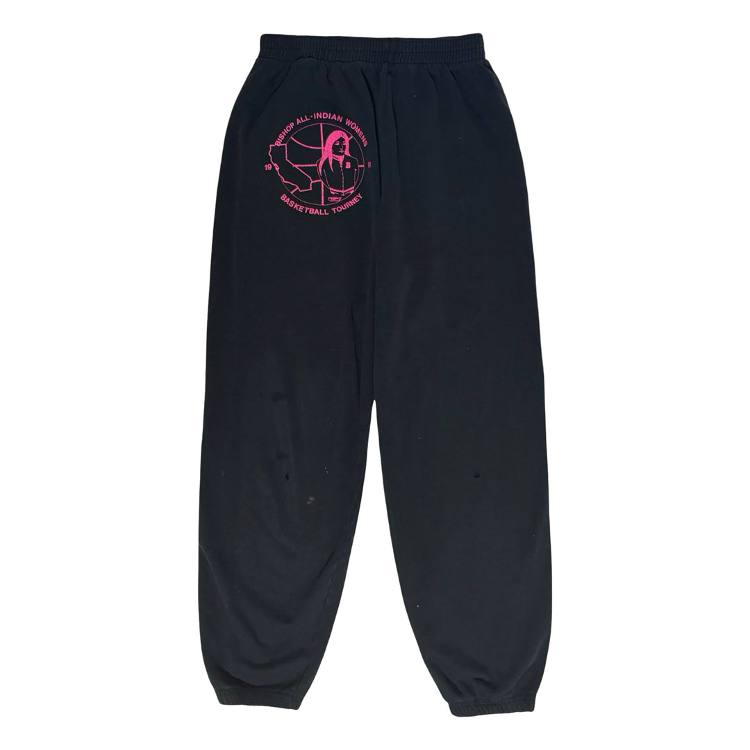 1990’S ALL INDIAN WOMEN’S BASKETBALL MADE IN USA THRASHED &amp; FADED BLACK FLEECE SWEATPANTS MEDIUM