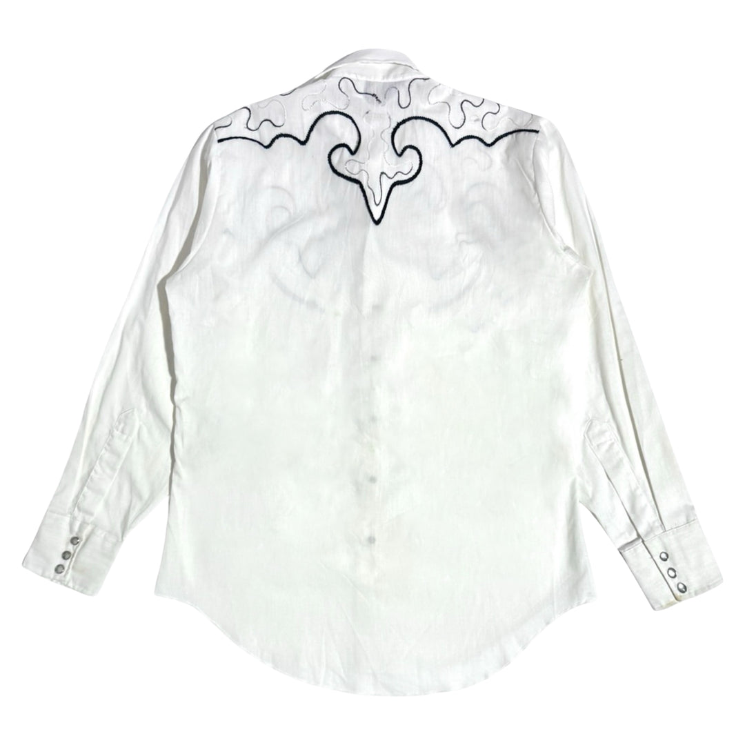 1970’S WRANGLER MADE IN USA CHAINSTITCHED WESTERN SMILE POCKET PEARL SNAP L/S B.D. SHIRT X-LARGE