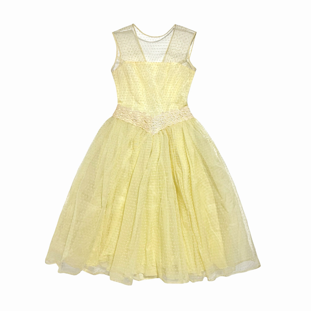1950’S POINT D’ESPRIT HAND MADE IN USA PASTEL YELLOW TULLE COCKTAIL PARTY DRESS SMALL
