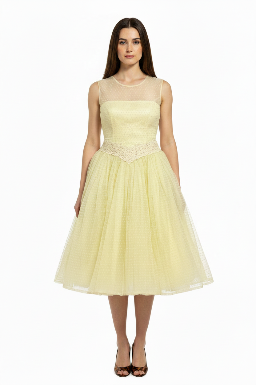 1950’S POINT D’ESPRIT HAND MADE IN USA PASTEL YELLOW TULLE COCKTAIL PARTY DRESS SMALL