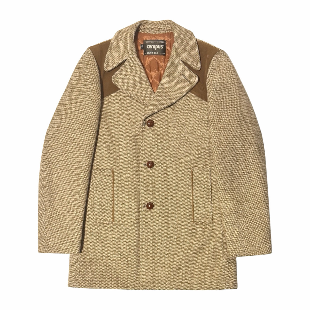 1970's Campus Studio One made in USA tan tweed suede yoke quilt lined car coat large