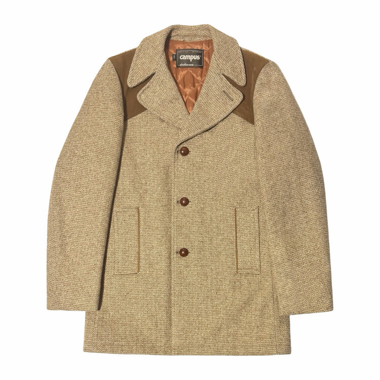 1970's Campus Studio One made in USA tan tweed suede yoke quilt lined car coat large
