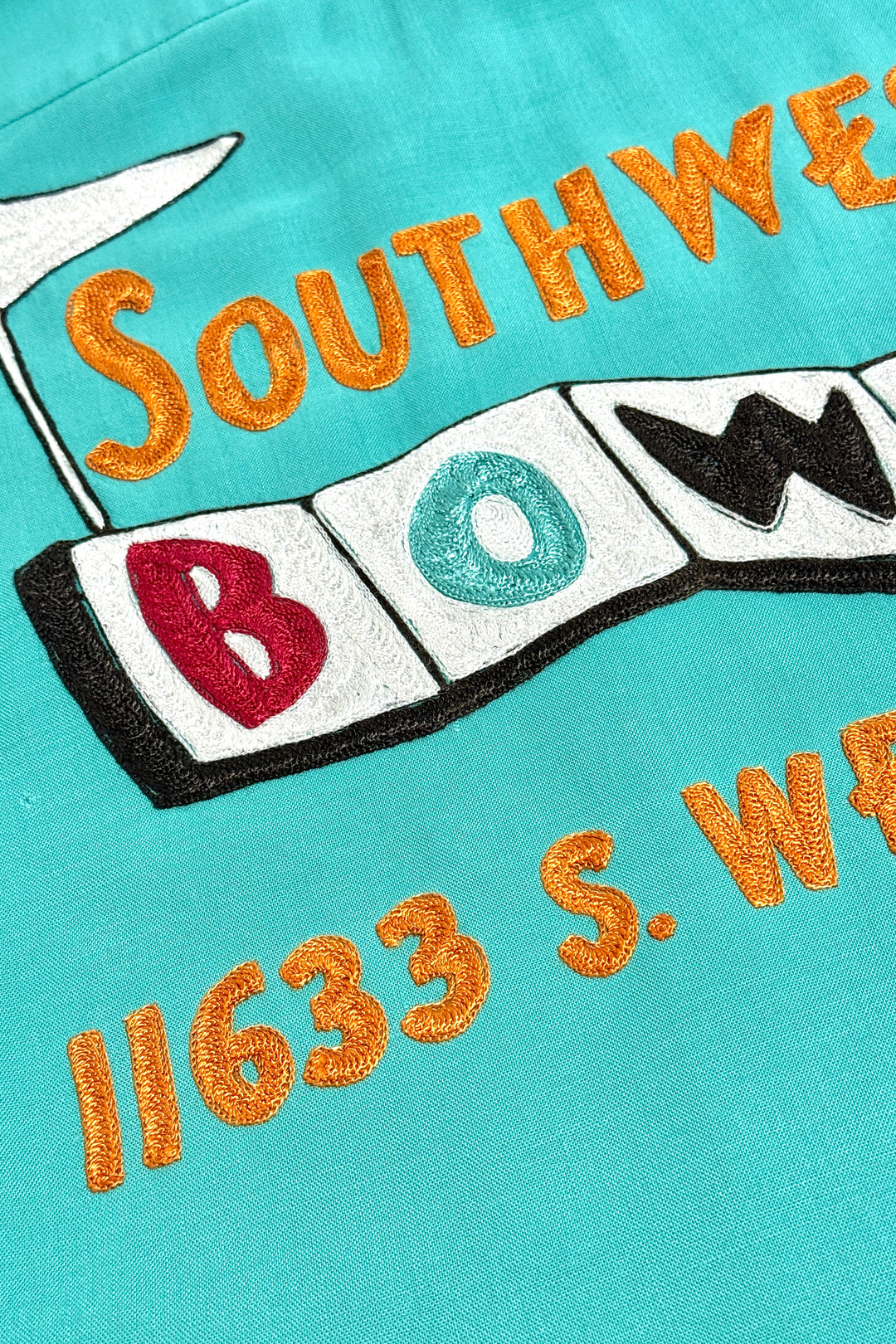 1950’S CALIFORNIA BY ANGELTOWN MADE IN USA “SOUTHWEST BOWL” CROPPED CHAINSTITCHED SELVEDGE LOOP COLLAR S/S B.D. BOWLING SHIRT LARGE