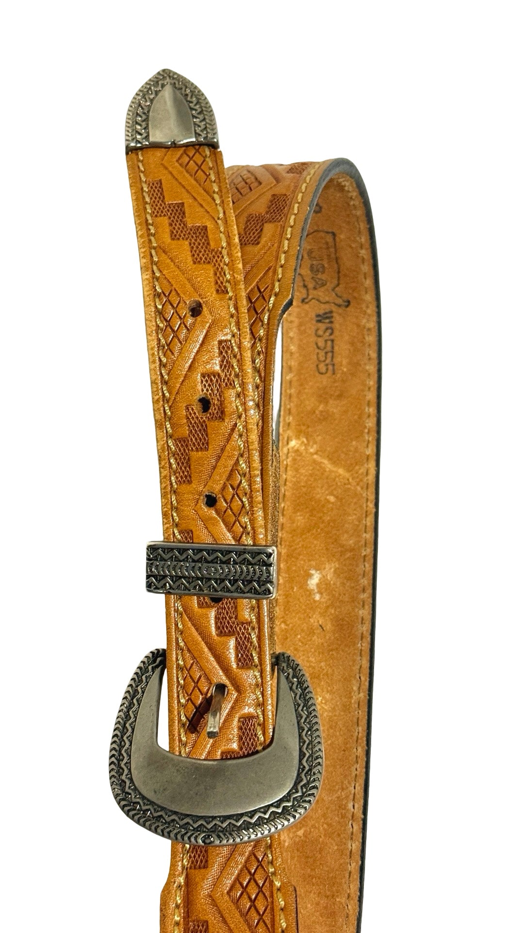 1990’S WESTERN MADE IN YSA SILVERTONE HARDWARE HAND STAMPED LEATHER BELT 28