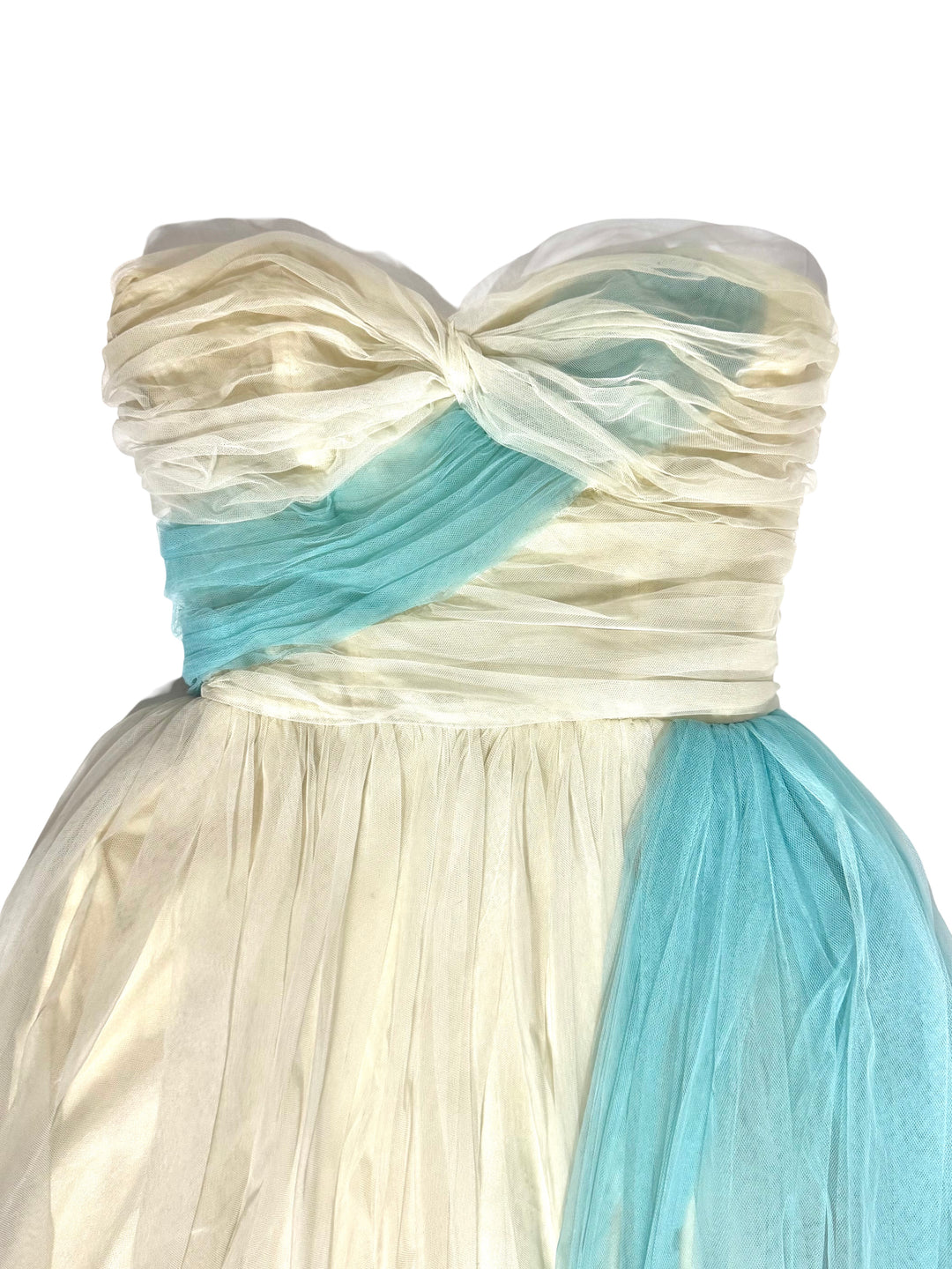 1950’S FRANK STARR MADE IN USA IVORY &amp; TURQUOISE TUTTLE PARTY DRESS X-SMALL