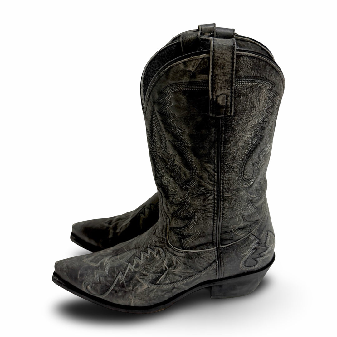 2000’S LAREDO FADED BLACK LEATHER TRIBAL EMBROIDERED SNIP TOE COWBOY BOOTS 12
