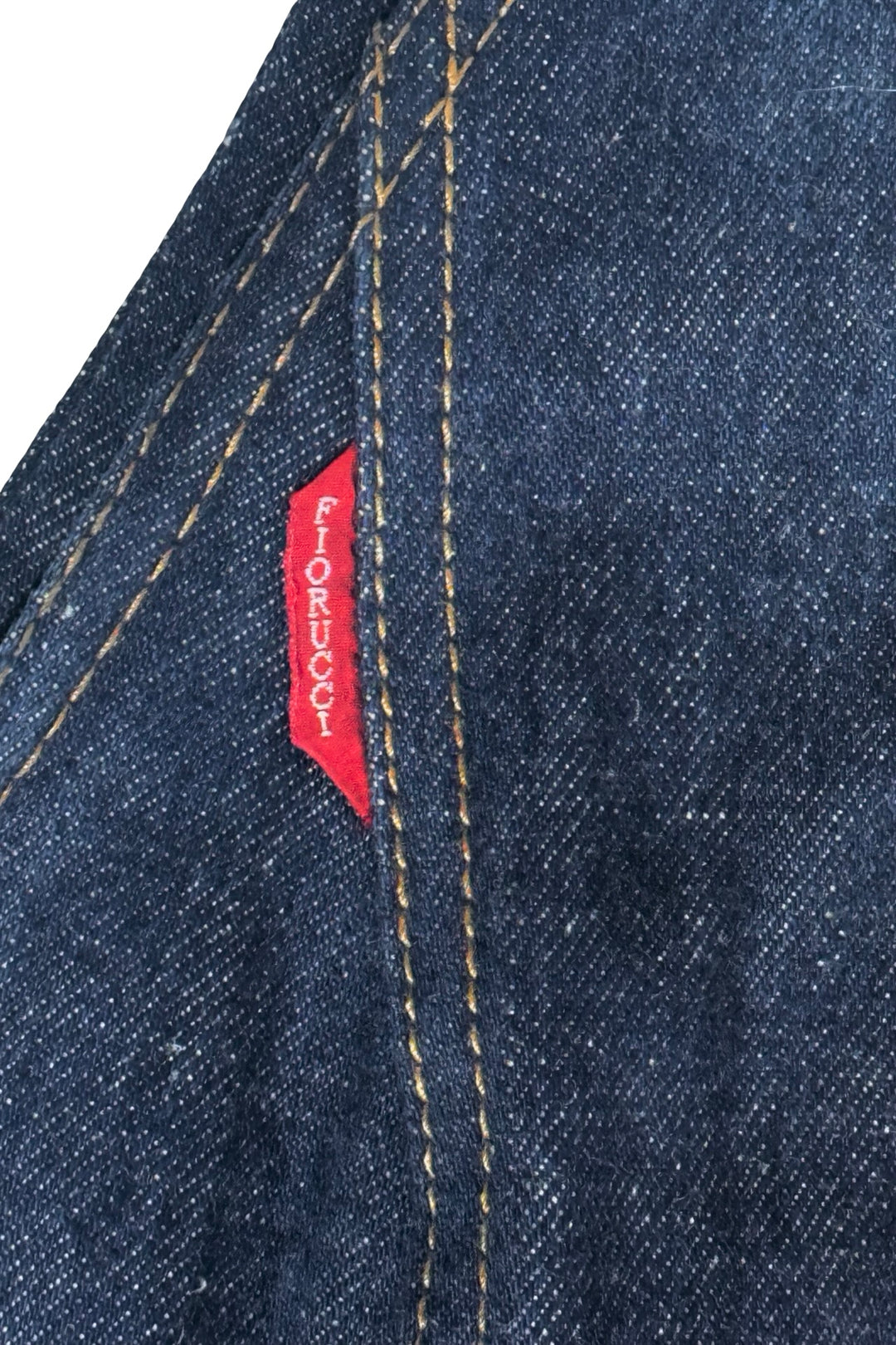 1970’S FIORUCCI SAFETY JEANS MADE IN ITALY DARK WASH DENIM &amp; NATURAL LEATHER DETAIL LACE-UP HALTER DRESS IT 40 / WOMEN’S X-SMALL