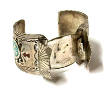 Load image into Gallery viewer, 1960’S STERLING SILVER TURQUOISE INLAY WHIRLING LOG WATCH CUFF BRACELET
