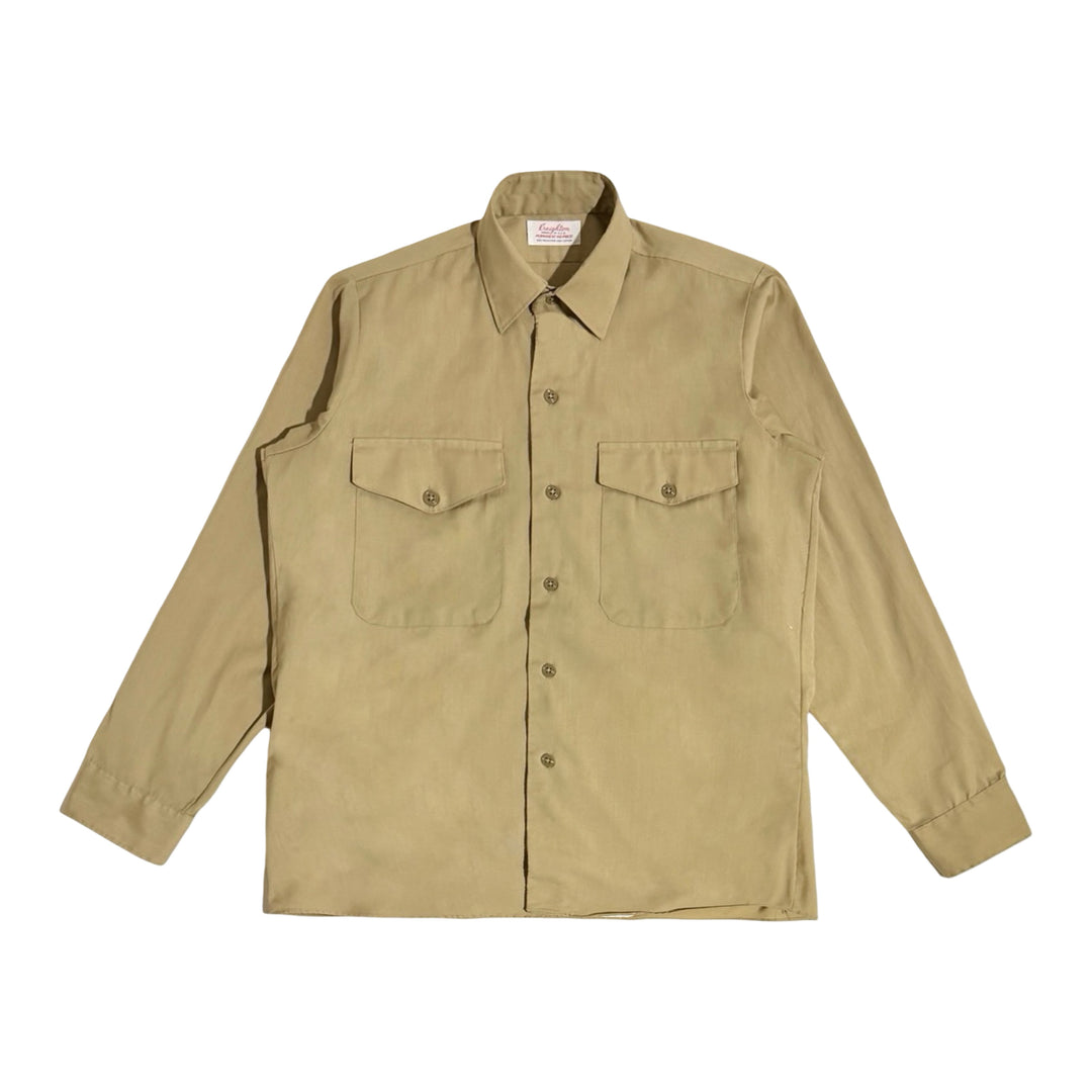1960’S CREIGHTON MADE IN USA CROPPED KHAKI TWO POCKET L/S B.D. WORK SHIRT MEDIUM