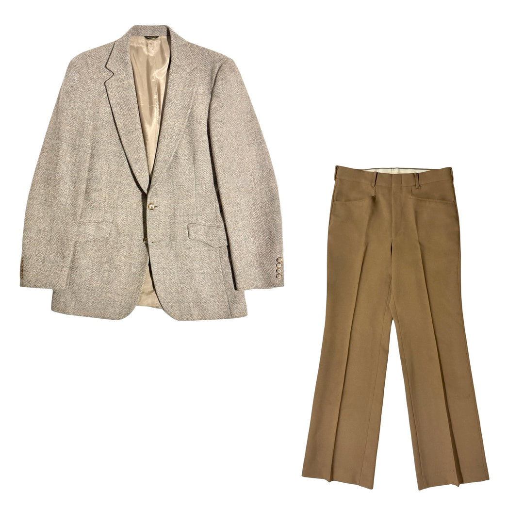 1970’S PANHANDLE SLIM MADE IN USA WESTERN HERRINGBONE WOOL TWEED FLARED LEG SUIT 42R