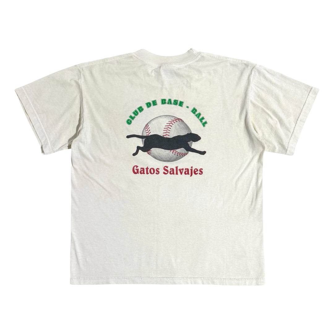 1990’S GATOS SALVAJES CLUB DE BASEBALL TRASHED WHITE S/S T-SHIRT X-LARGE