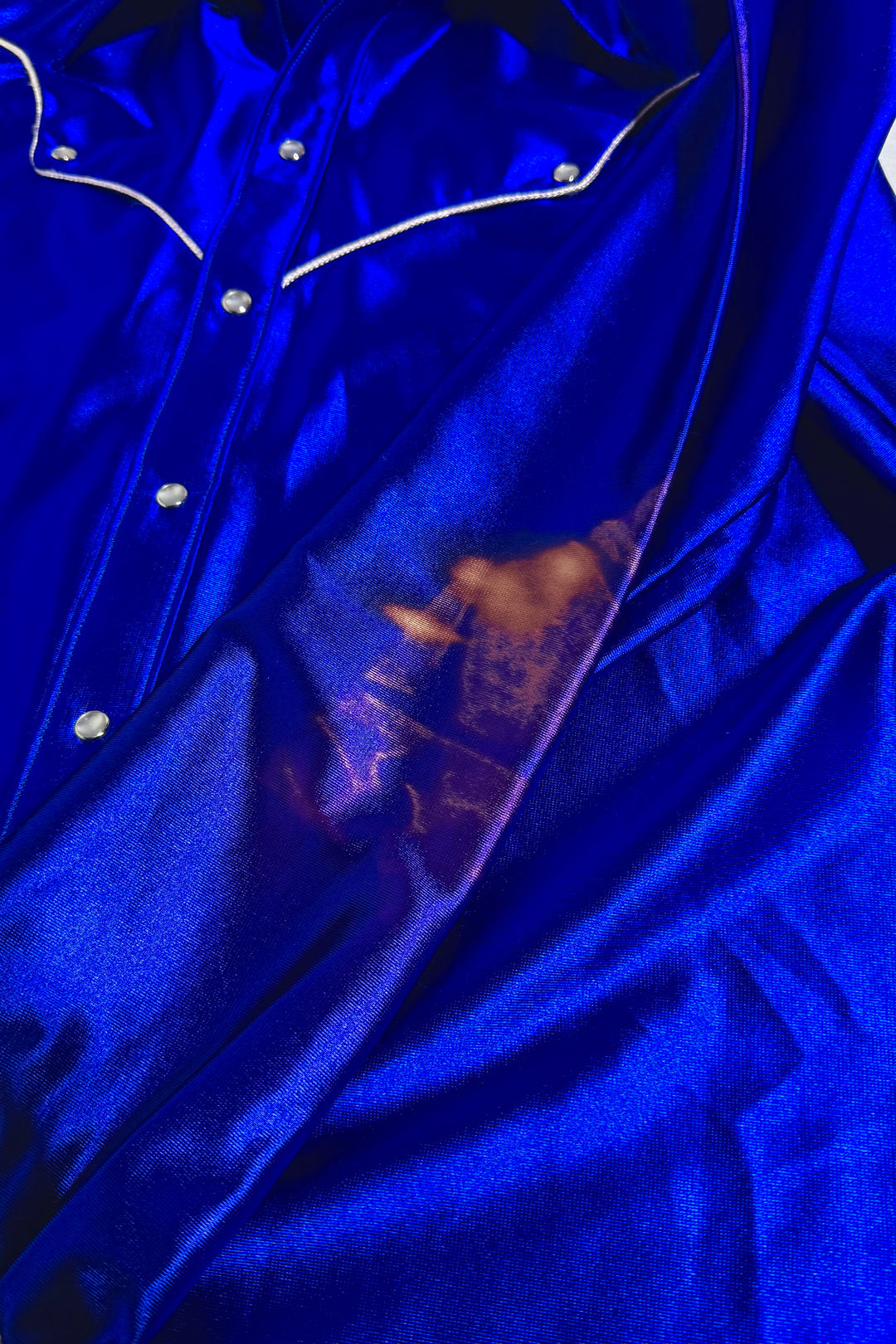 1960’S ROCKMOUNT RANCH WEAR MADE IN USA BLUE LAMÉ WESTERN PEARL SNAP L/S B.D. SHIRT X-LARGE