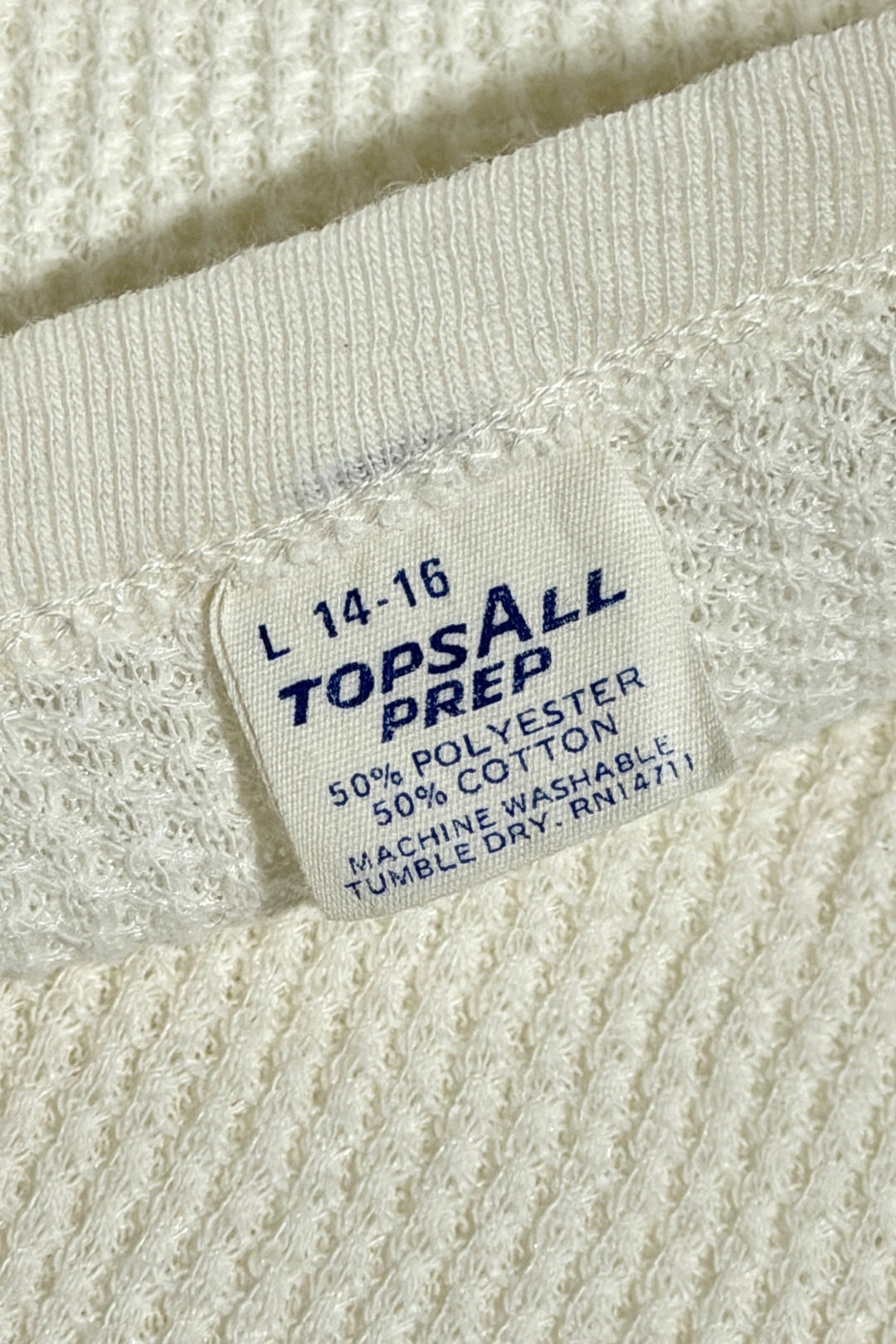 1960’S TOPSALL PREP MADE IN USA CROPPED WAFFLE KNIT THERMAL L/S SHIRT LARGE