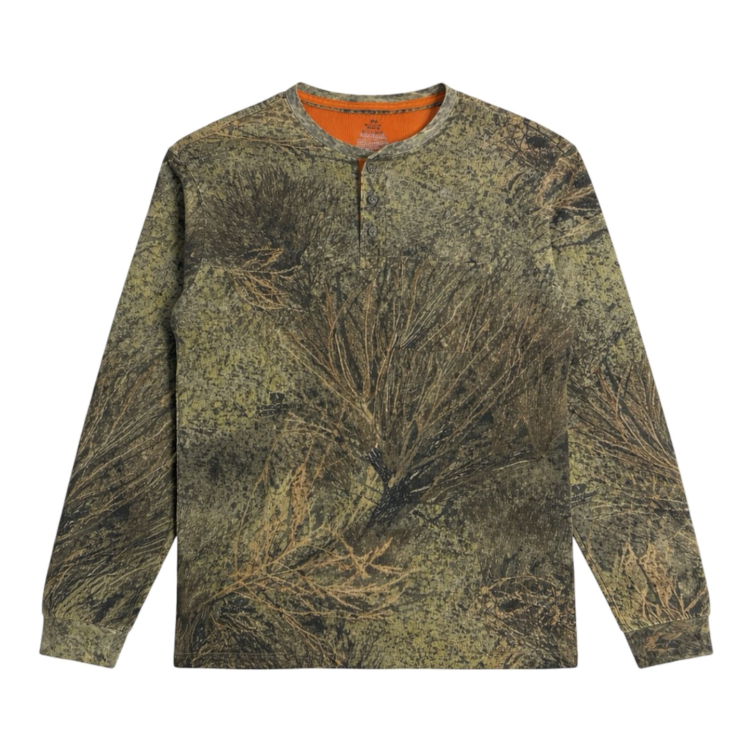 2000’S MOSSY OAK SAGEBRUSH HUNTING CAMO WAFFLE KNIT L/S HENLEY T-SHIRT X-LARGE