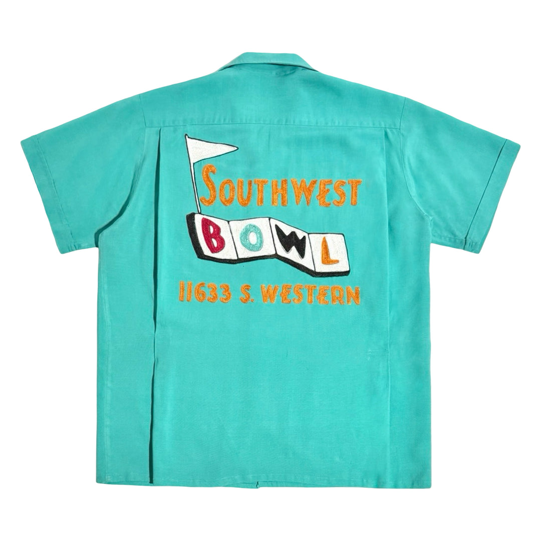 1950’S CALIFORNIA BY ANGELTOWN MADE IN USA “SOUTHWEST BOWL” CROPPED CHAINSTITCHED SELVEDGE LOOP COLLAR S/S B.D. BOWLING SHIRT LARGE