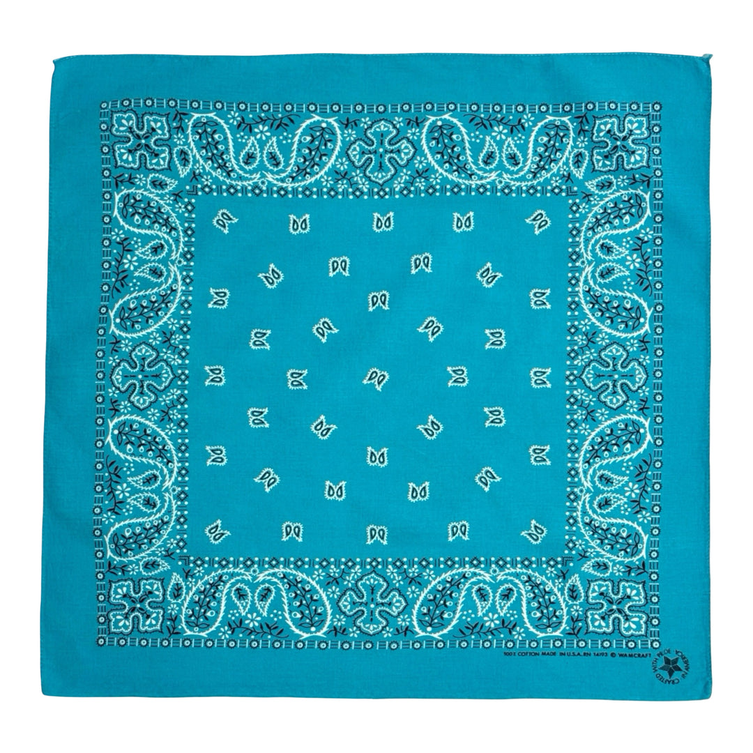 1990’S WAMCRAFT MADE IN USA TURQUOISE PAISLEY PRINT SELVEDGE BANDANA