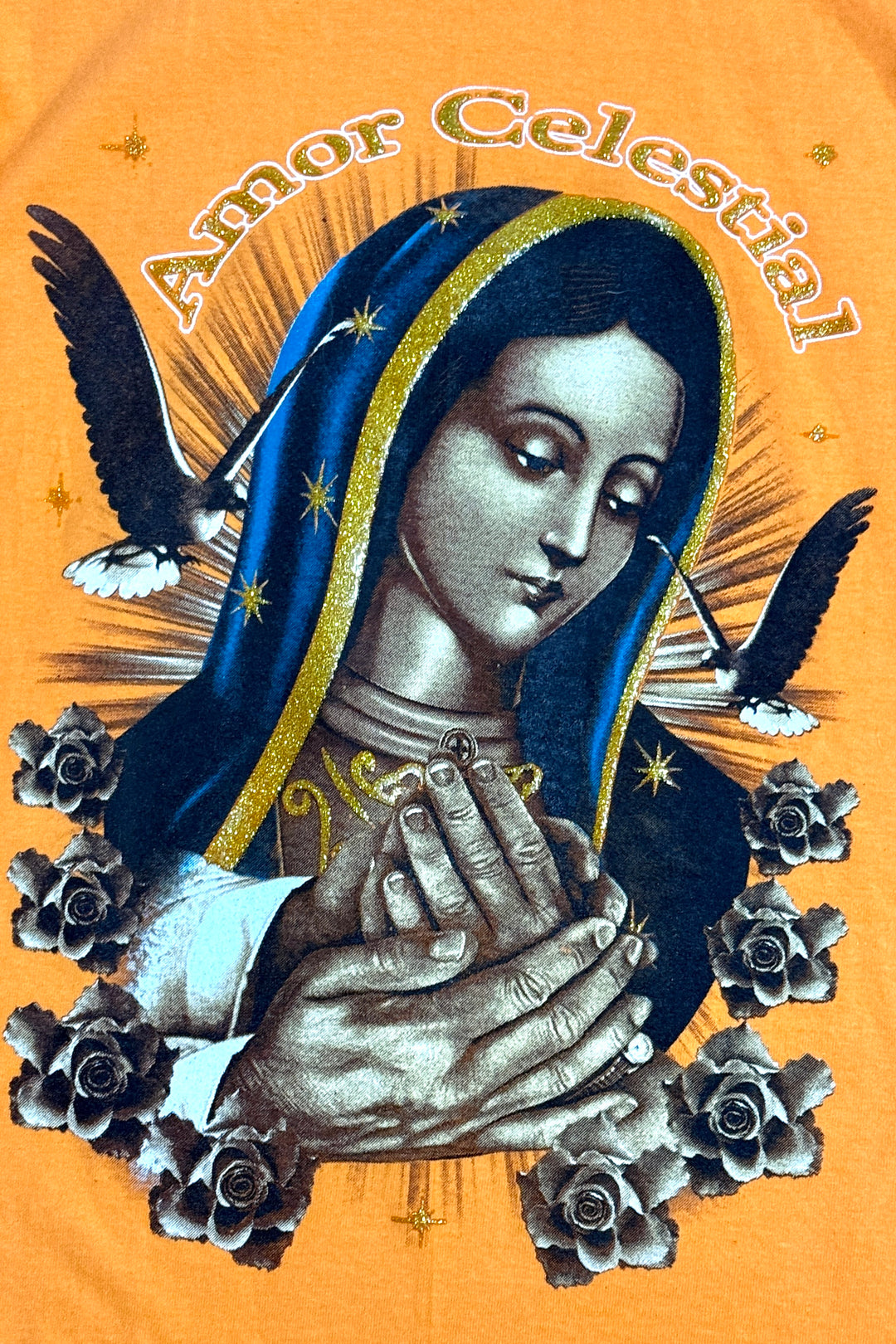 1990’S DEADSTOCK CROPPED AMOR CELESTIAL GUADALUPE GHOST PRINT S/S T-SHIRT SMALL / YOUTH XL