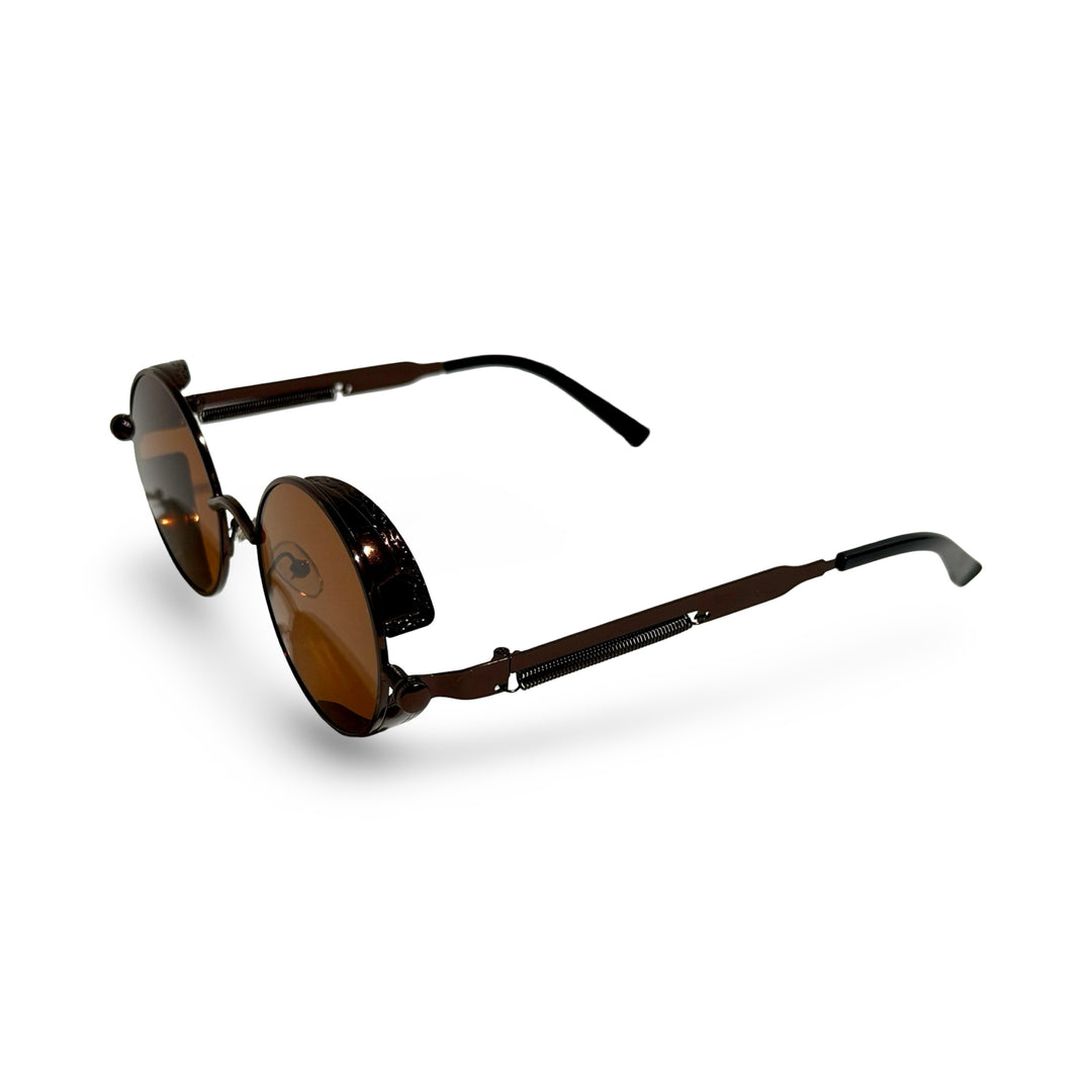 1970’S GUNMETAL FRAME SIDE-SHIELD ROUND BROWN LENS SUNGLASSES
