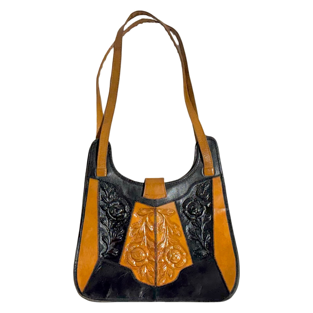 1970’S BLACK &amp; TAN MADE IN USA TOOLED LEATHER EMBOSSED ROSE PANEL TURNLOCK PURSE