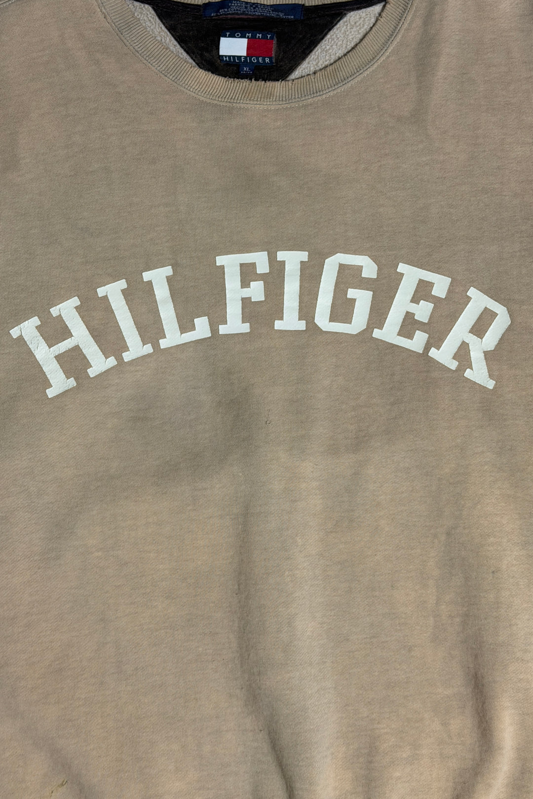 1990’S TOMMY HILFIGER THRASHED &amp; FADED CLASSIC VARSITY BRUSHED FLEECE CREWNECK SWEATER X-LARGE
