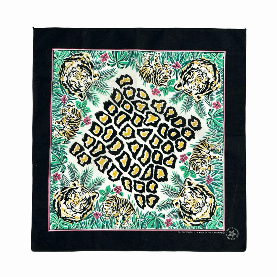 1980’S WAMCRAFT MADE IN USA SELVEGDE BLACK TIGER JUNGLE PRINT COTTON BANDANA