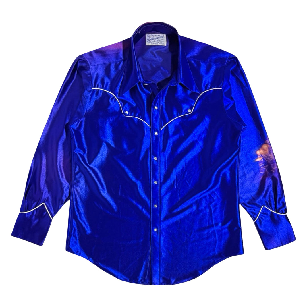 1960’S ROCKMOUNT RANCH WEAR MADE IN USA BLUE LAMÉ WESTERN PEARL SNAP L/S B.D. SHIRT X-LARGE