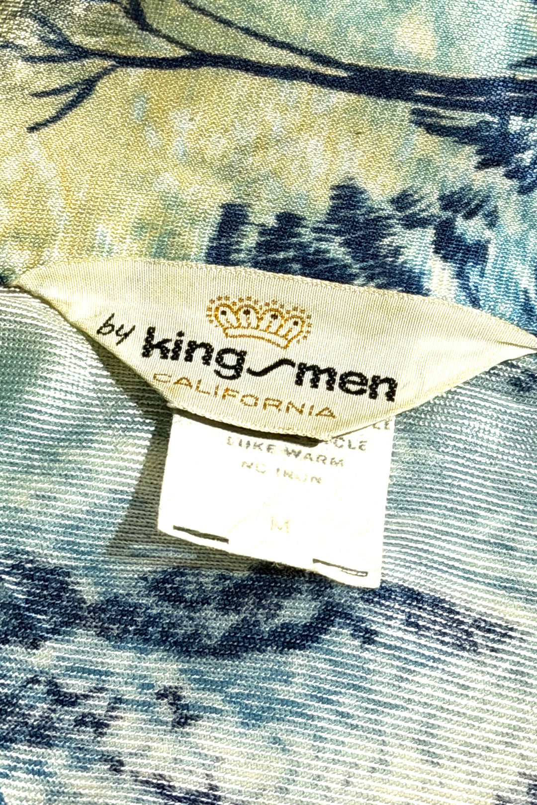 1970’S KINGSMEN CALIFORNIA MADE IN USA NOVELTY BLUE FOREST PRINT DISCO L/S B.D. SHIRT MEDIUM