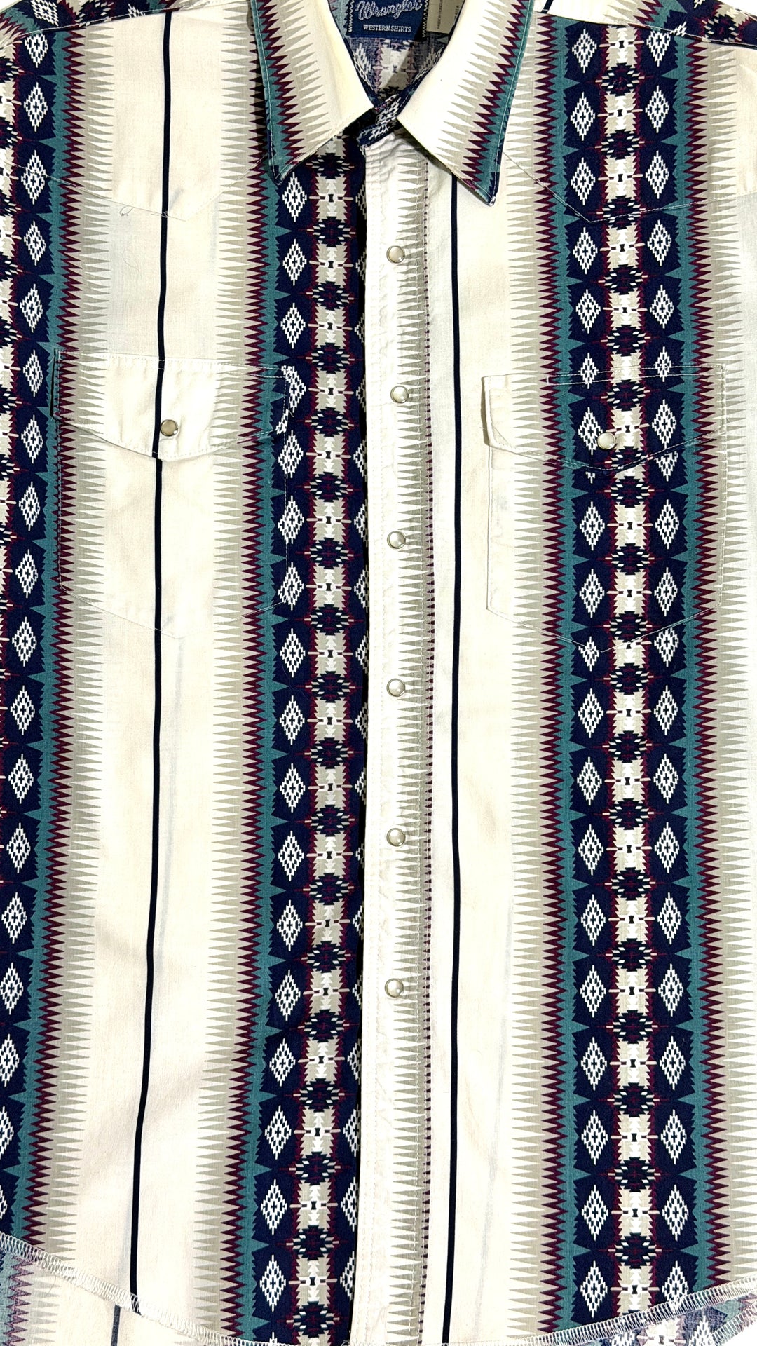 1990’S WRANGLER AZTEC PATTERN STRIPED WESTERN PEARL SNAP L/S B.D. SHIRT LARGE