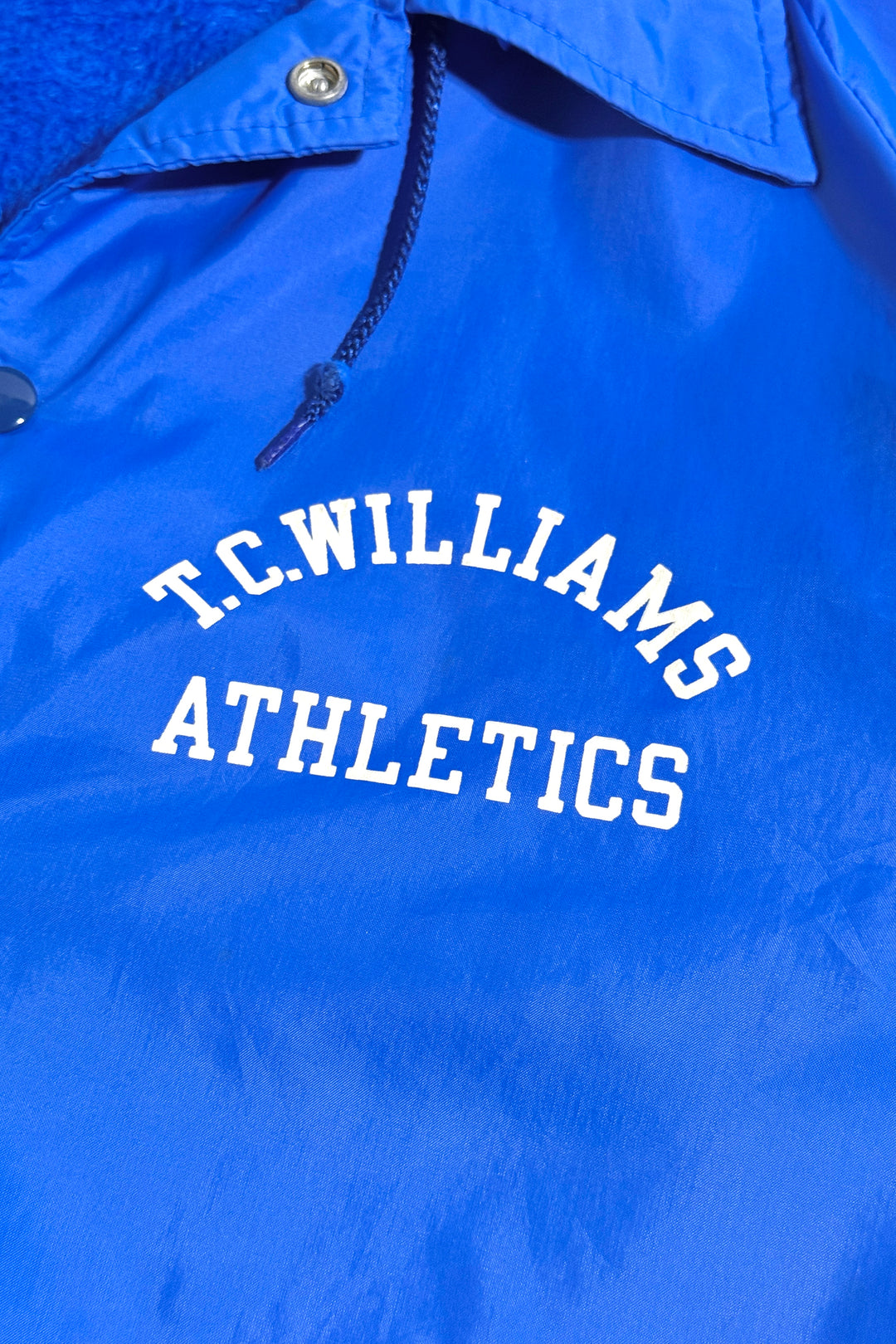 1970’S CHAMPION MADE IN USA T.C. WILLIAMS ATHLETICS SHERPA LINED HOODED COACHES JACKET LARGE