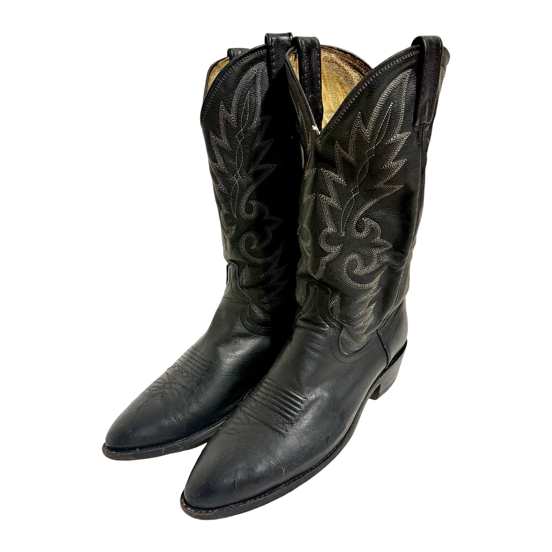 1970’S DAN POST MADE IN USA BLACK EMBROIDERED WESTERN POINTED TOE COWBOY BOOTS 9.5