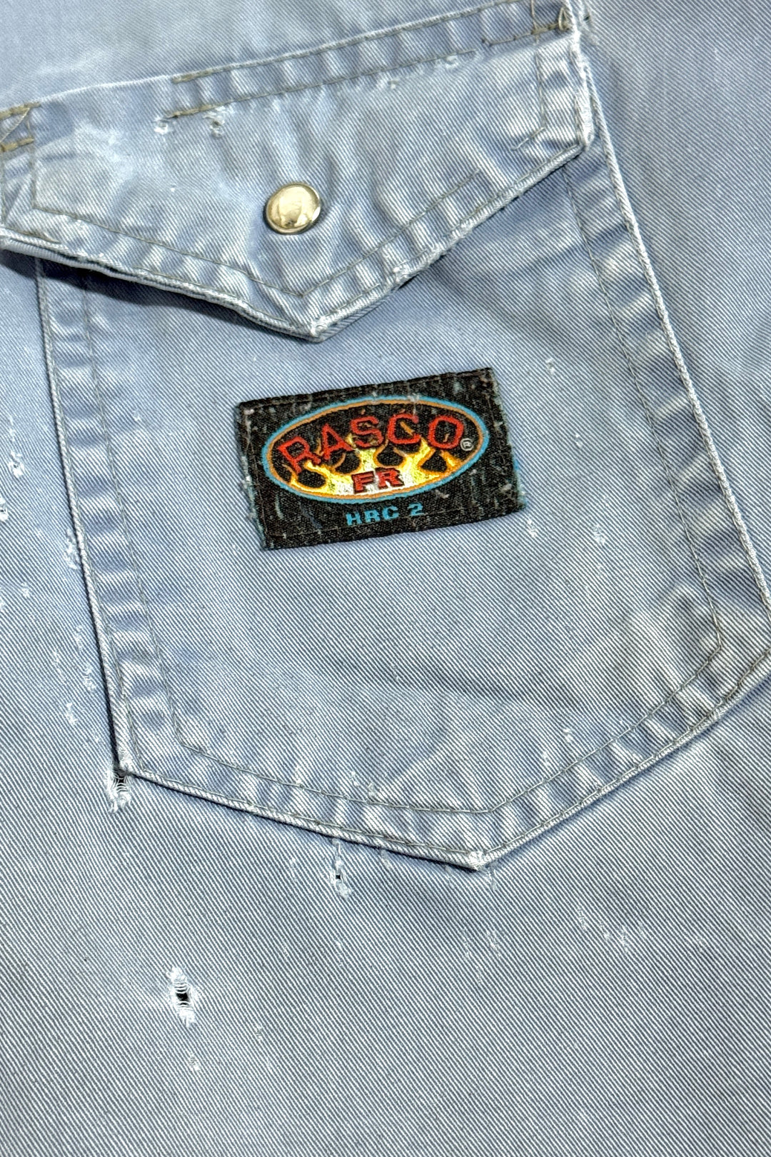 1990’S RASCO MADE IN USA THRASHED & FADED WESTERN HEAVY TWILL PEARL SNAP L/S B.D. SHIRT XXL