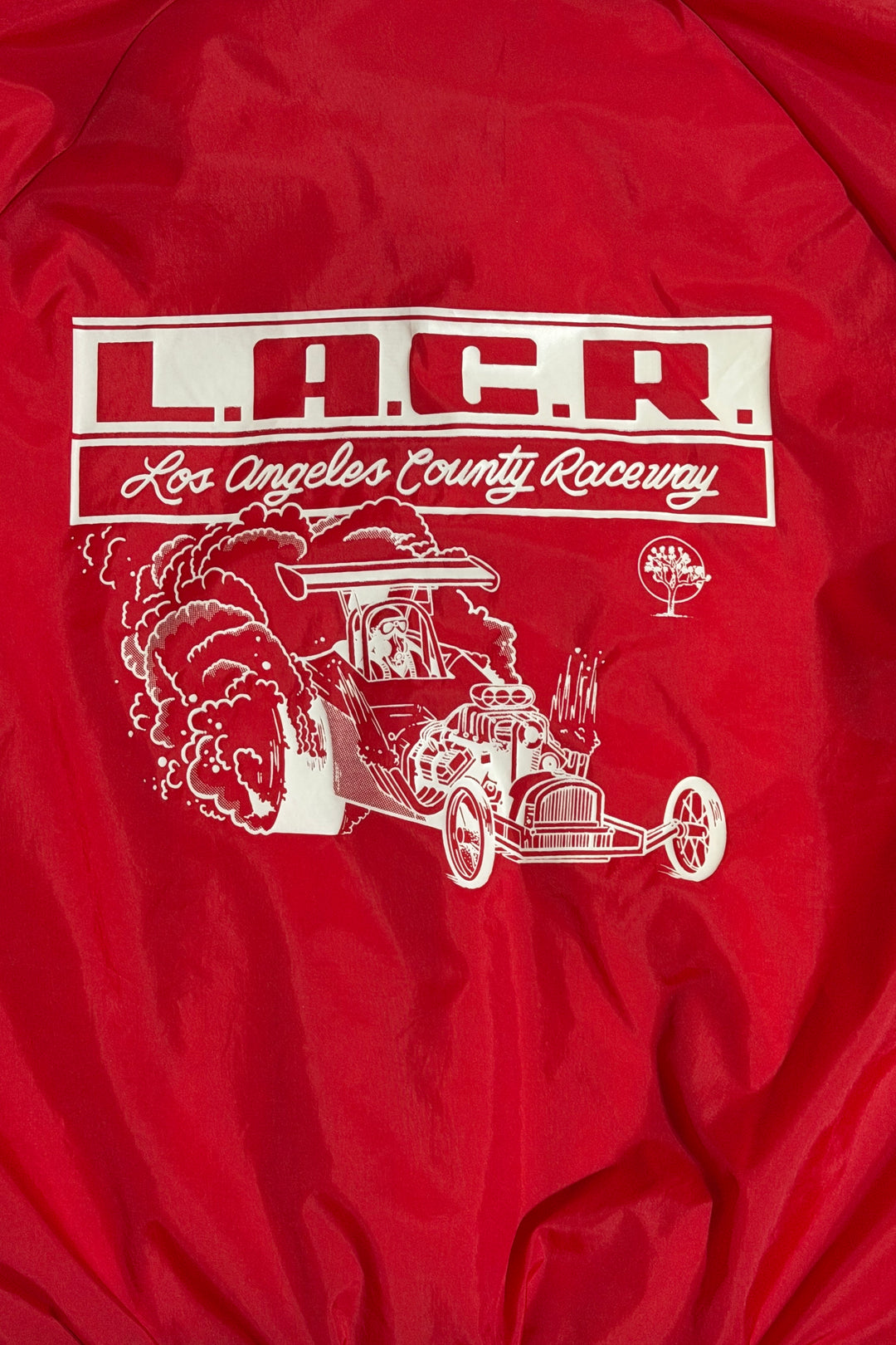 1980’S LOS ANGELES COUNTY RACEWAY MADE IN USA CROPPED RED SATIN BASEBALL JACKET LARGE