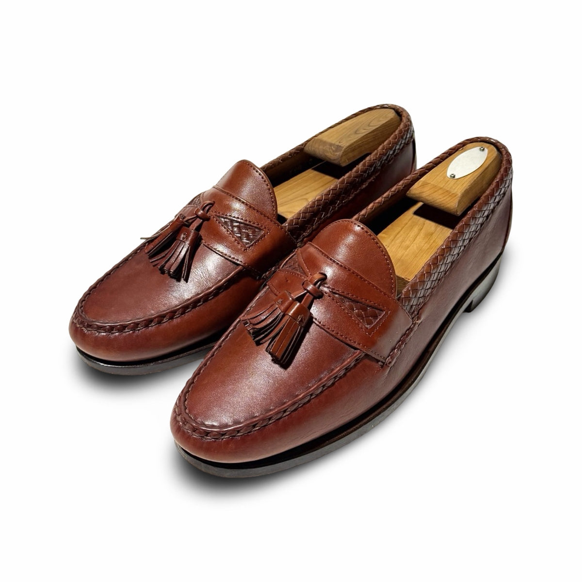1990's Allen Edmonds Maxfield made in USA chestnut leather woven tassel loafers 9.5 D