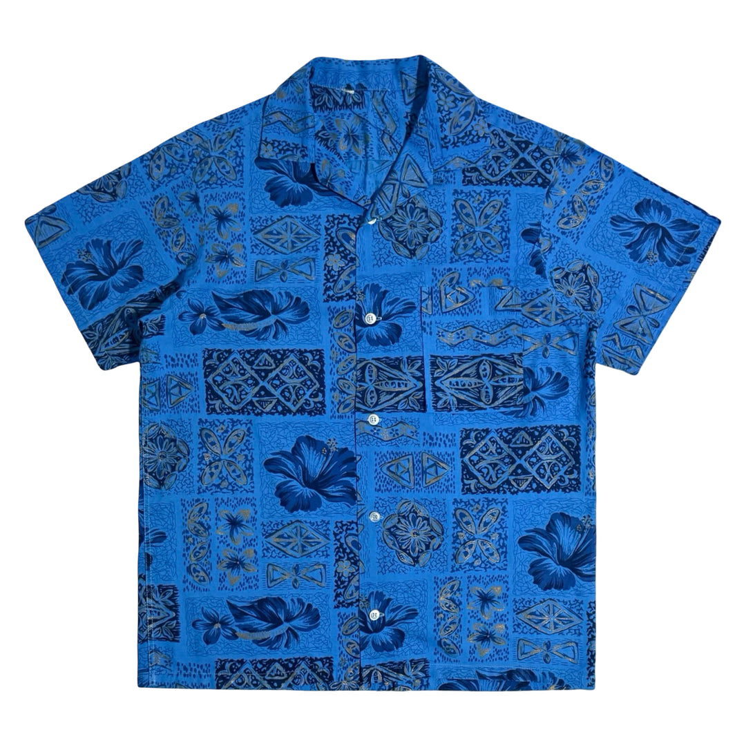 1960’S TIKI PRINT MADE IN USA BLUE SELVEDGE HAWAIIAN PRINT LOOP COLLAR S/S B.D. SHIRT MEDIUM