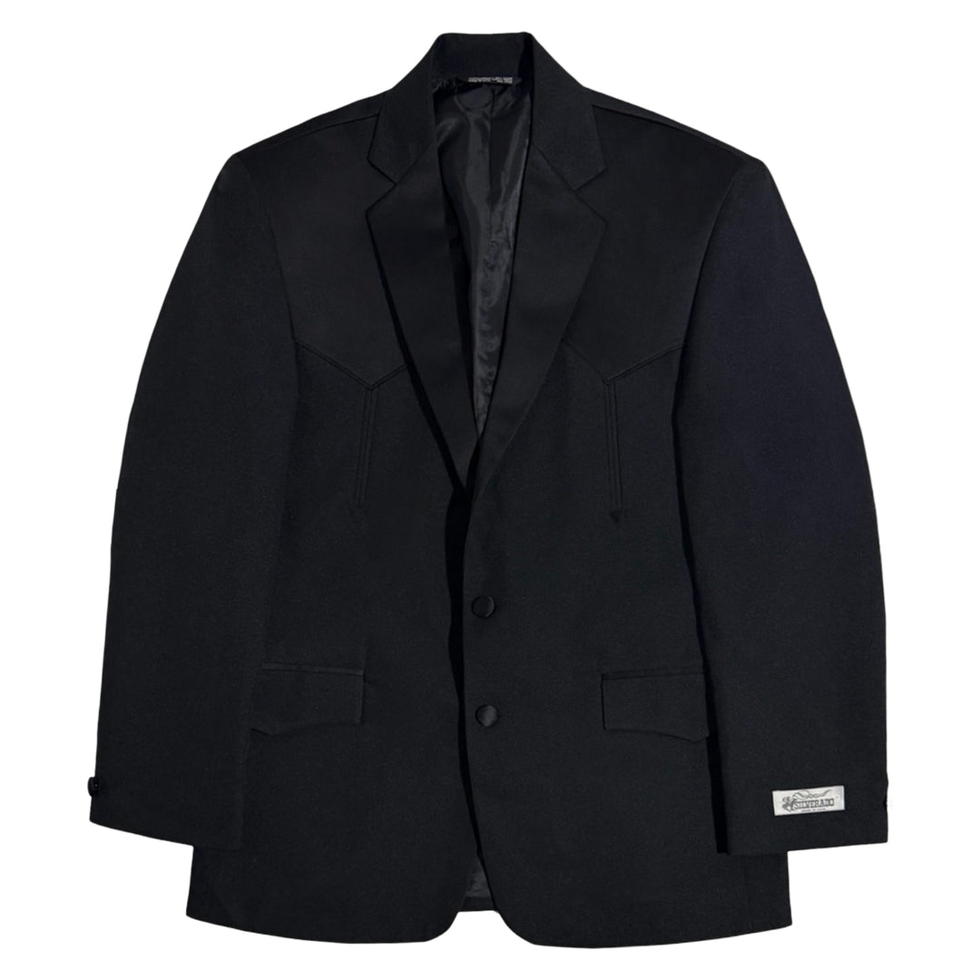 1990’S DEADSTOCK SILVERADO UNION MADE IN USA SATIN BLACK “FRONTIER TUXEDO” PANELED WESTERN SUIT JACKET 40R