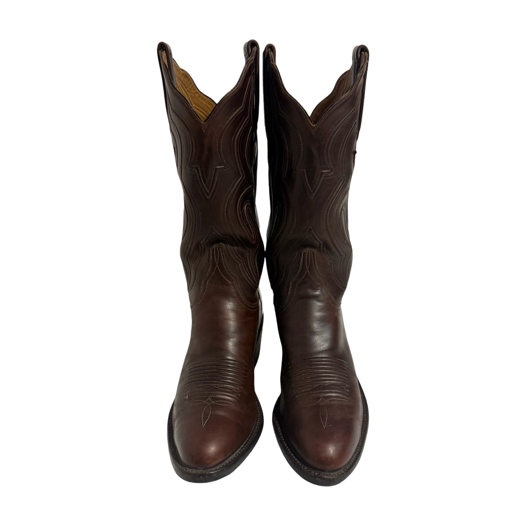 1990’S LUCCHESE CLASSICS HANDMADE IN USA EMBROIDERED BROWN LEATHER COWBOY BOOTS 8.5